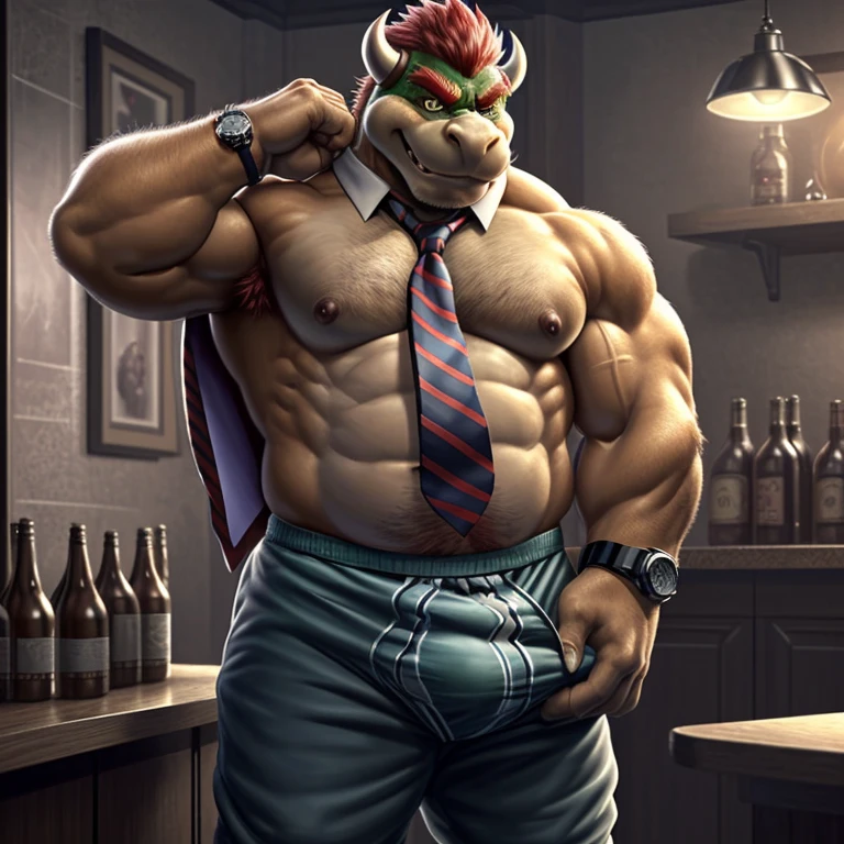 bowser, mammal, abs, alcohol, anthro, beer, beverage, biceps,smirk,obese male, chubby, fat, overweight, blush, body hair, happy trail, (, necktie, pants, loose large boxers, tenting, undressing:1.3),clock,clothing, drunk, muscular, muscular anthro, muscular male, pecs, solo,watch,extreme detailed face, detailed eyes,(photorealistic, hyper realistic, ultra detailed, ultra detailed background, octane render, soft lighting, ultra detailed),(by rossciaco, by adios,) armpit hair