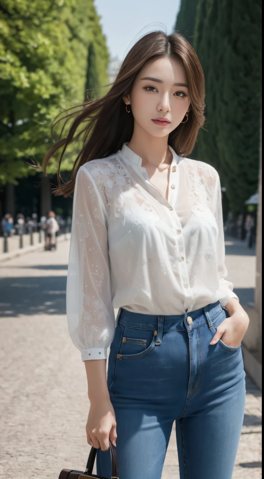 Masterpiece, Best quality, Photorealistic, Ultra-detailed, fine detail, high resolution, 8K wallpaper, 1 beautiful Chinese woman, Wear casual modest summer blouse and jeans, In Vienna, she is standing in front of Schönbrunn Palace, during the summer day, dark brown messy hair, Perfect dynamic composition, Beautiful detailed eyes