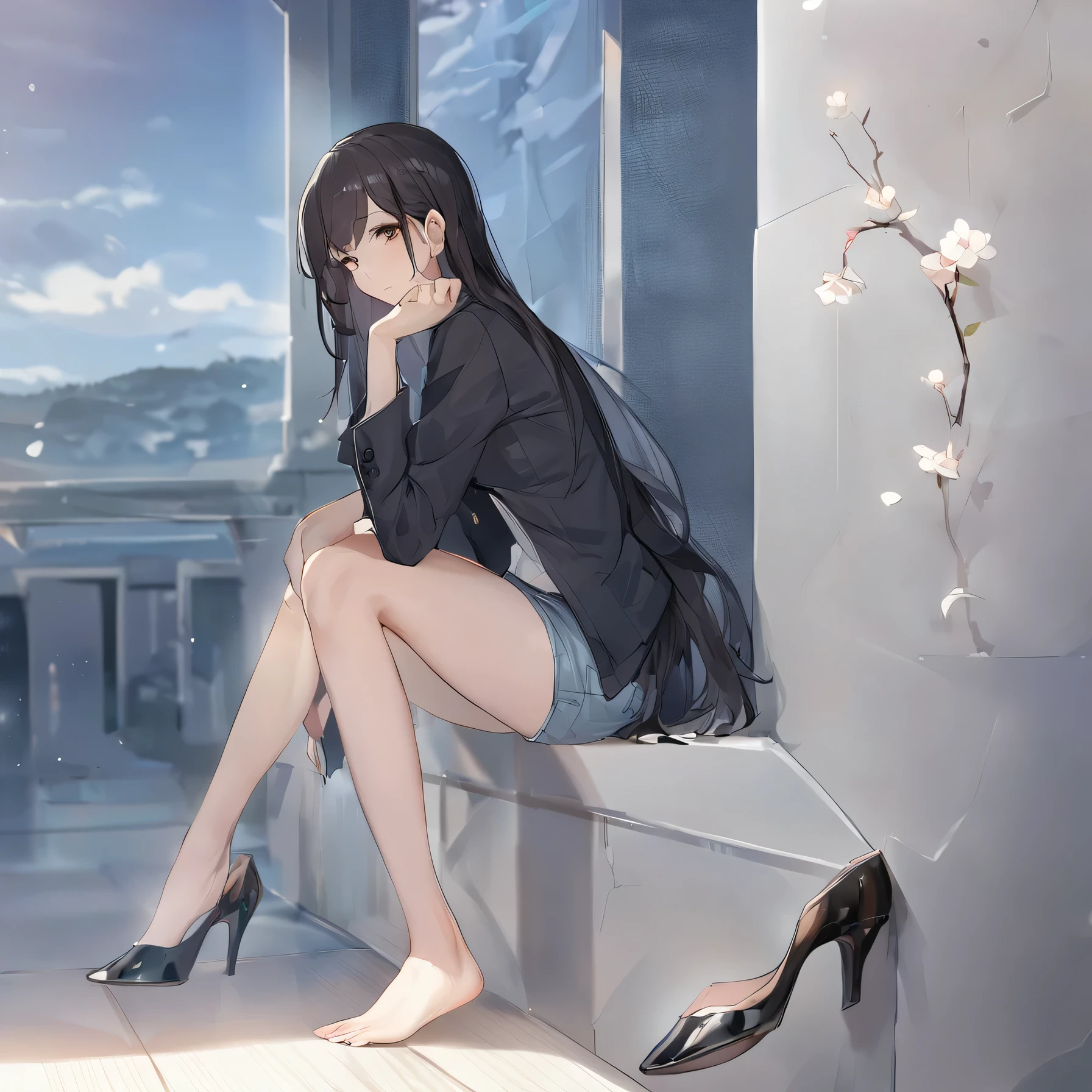 [high quality, 最high quality], (cinematic), From the side, 1 girl, alone, sitting, black hair、Burausu、skinny denim、hanging shoes, no socks, high heels, shoes removed, (bloom, HDR), (Depth of the bounds written)