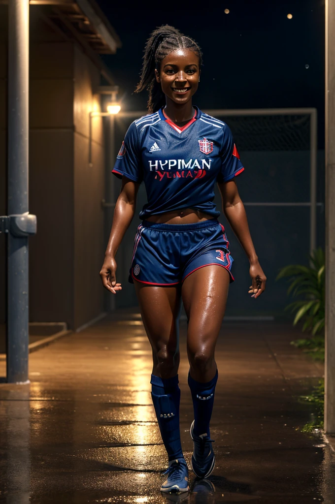 (best quality:1.5), (hyperrealistic:1.5), 32 year old toned haitian woman, messy ponytail short black haired, brown eyed, ebony skin, soaked in sweat, walking inside soccer pitch, night scenery, lights on, dark blue soccer shirt, red soccer shorts, dark blue soccer socks, ripped abs, full body view, smiling