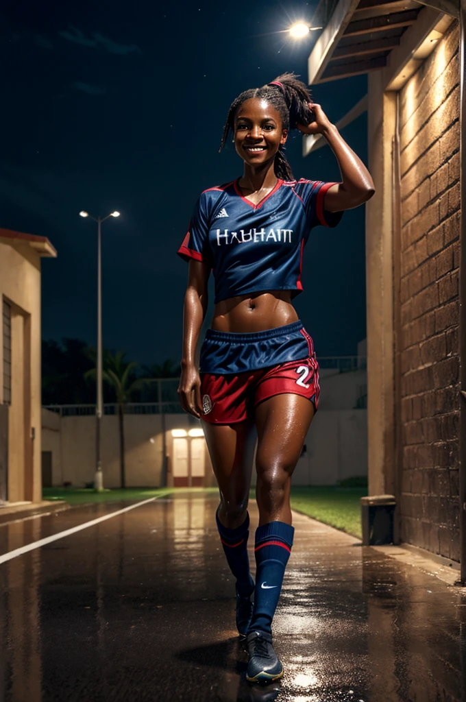 (best quality:1.5), (hyperrealistic:1.5), 32 year old toned haitian woman, messy ponytail short black haired, brown eyed, ebony skin, soaked in sweat, walking inside soccer pitch, night scenery, lights on, dark blue soccer shirt, red soccer shorts, dark blue soccer socks, ripped abs, full body view, smiling