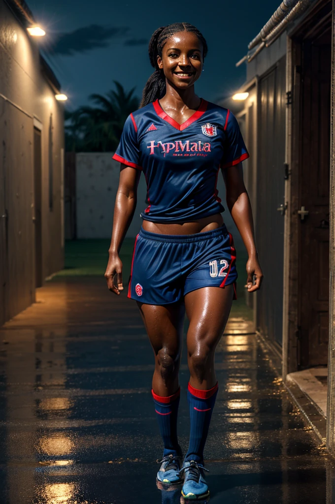 (medium full shot) of man, (lean soccer player) young woman, african, dark skin, light brown eyes, slender build, medium blonde  hair,  wearing a yellow athletic shirt, soccer shorts, running shoes, shooting at a soccer ball, set in  Locker Room, individual lockers with player names, benches in the center, sports equipment neatly organized, team jerseys hanging, pre-game pep talk area , at night, woman smiling at the viewer, Masterpiece,best quality, photo, realistic, very aesthetic, detailed face,