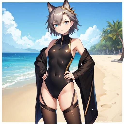 1girl, masterpiece, Penance from Arknights, beach, black one piece swimsuit with gold stripe on sides, full body shown, pudgy, neutral face, looking at me, hands on hips, standing, hard nipples, camel toe