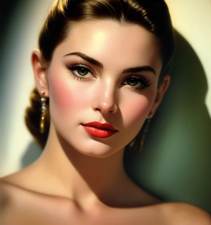 1970s,by Alberto Vargas,(Best quality, work of art), ultra-detailed and delicate portrait of a beautiful and timeless girl,???? woman, sultry eyes, closeup, style of Rolf Armstrong, light and shadow,charge of face,sexy face, beautifull nose, make different hair, make variations female noses,woman of  Switzerland