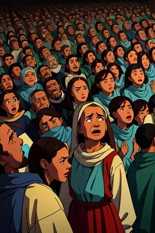 many people in old clothes from the time of Jesus looking up and forward with scared faces and very scared and crying image taken from the bottom angle