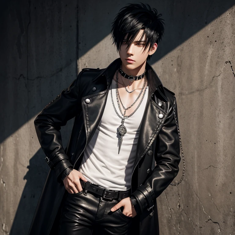 20 year old boy emo hairstyle black hair black steampunk trench coat with silver trim white t-shirt black pants silver chain necklace spike choker black bracelet chain belt black fingerless gloves surrounded by shadows shadow background holding an antique lantern