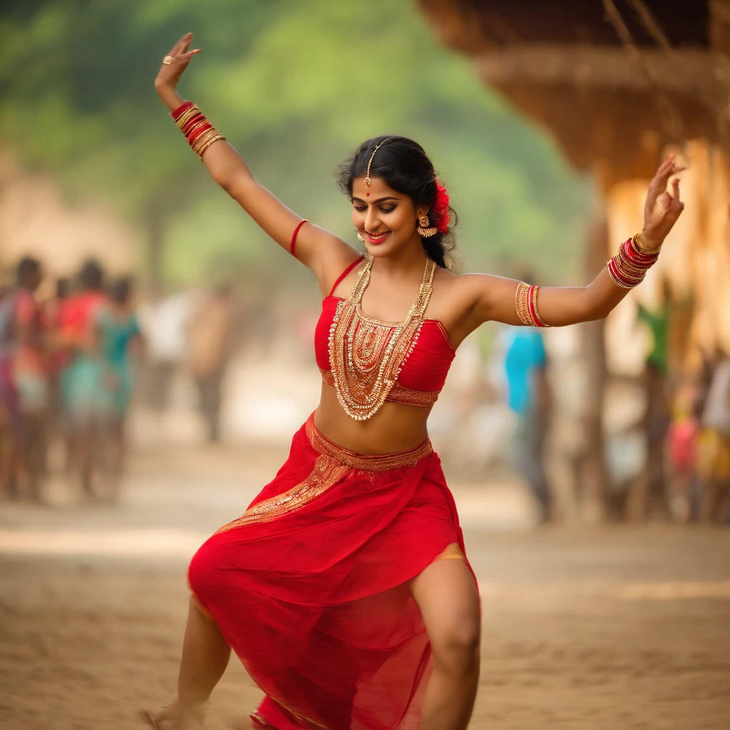 An Indian girl dancing and wearing a short red dress with a tank top