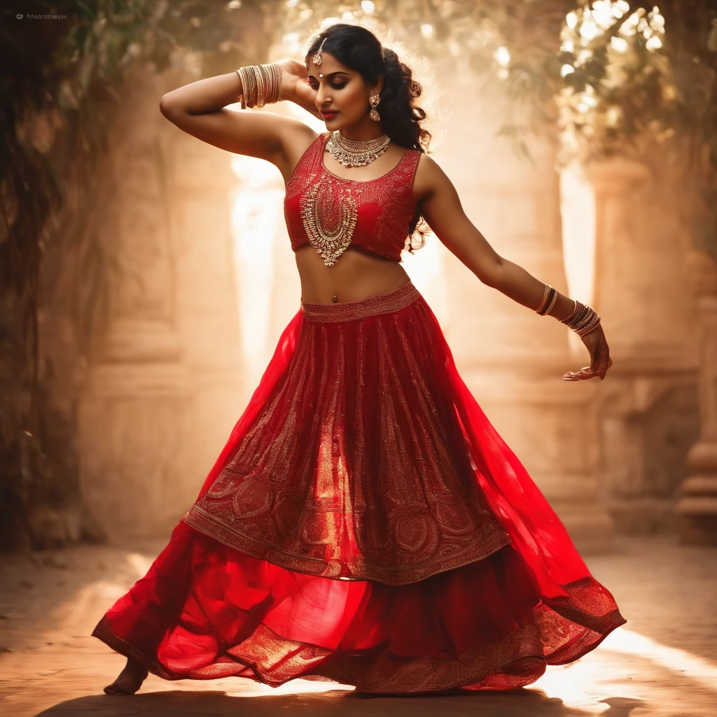 An Indian girl dancing and wearing a short red dress with a tank top