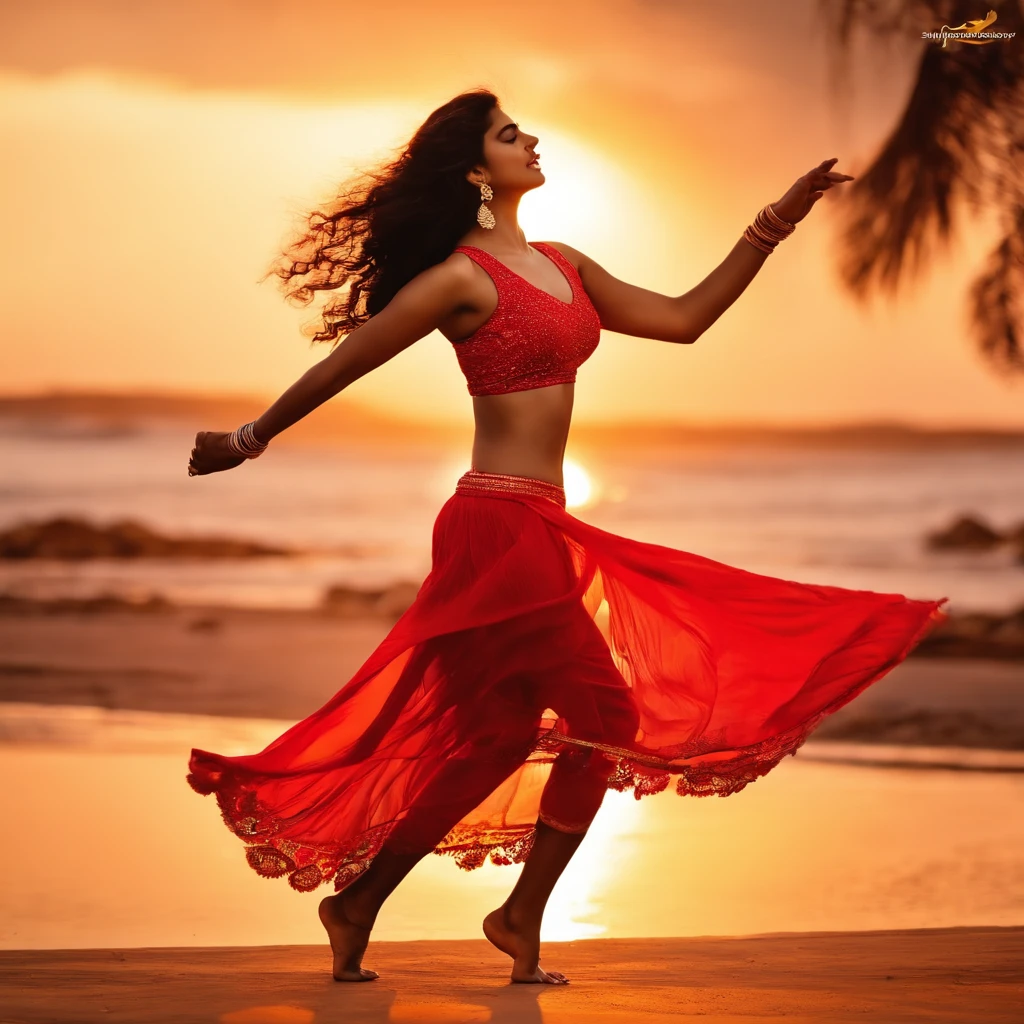 An Indian girl dancing and wearing a short red dress with a tank top