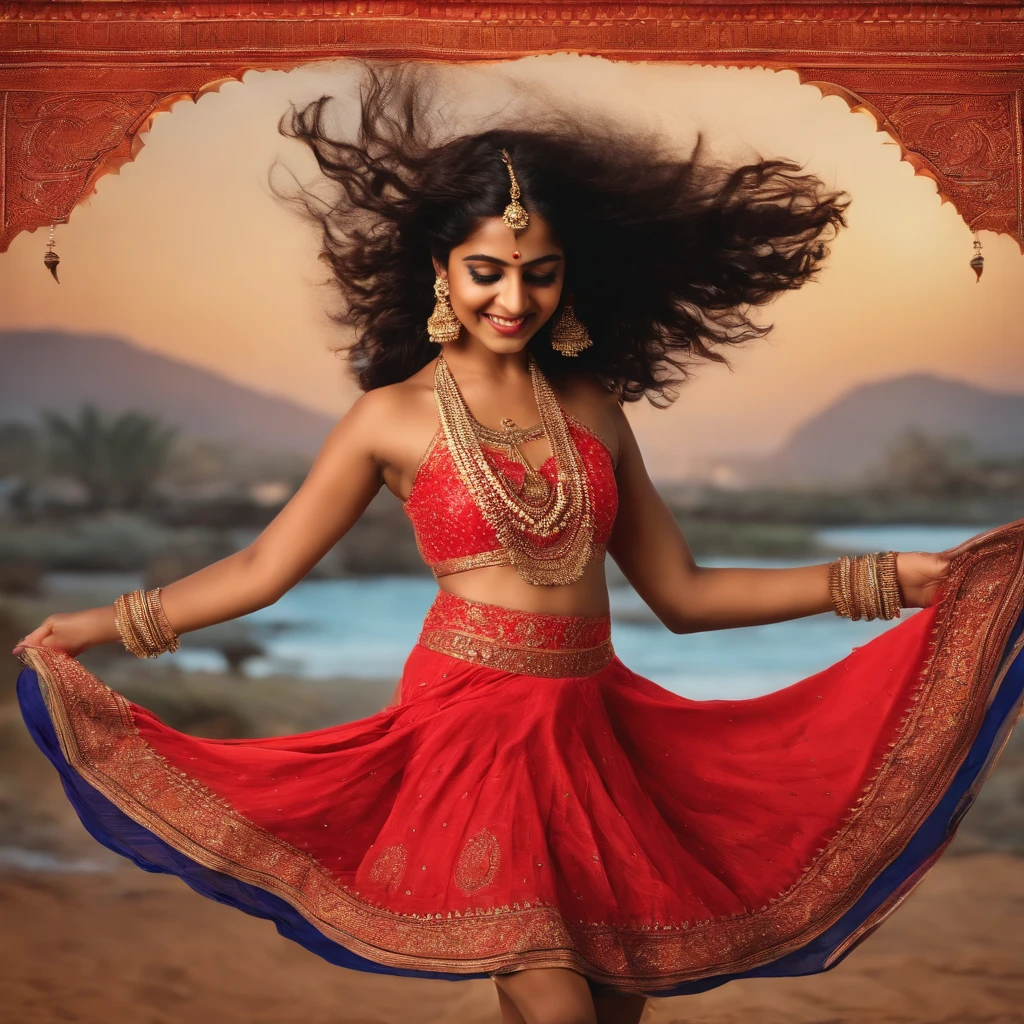 An Indian girl dancing and wearing a short red dress with a tank top