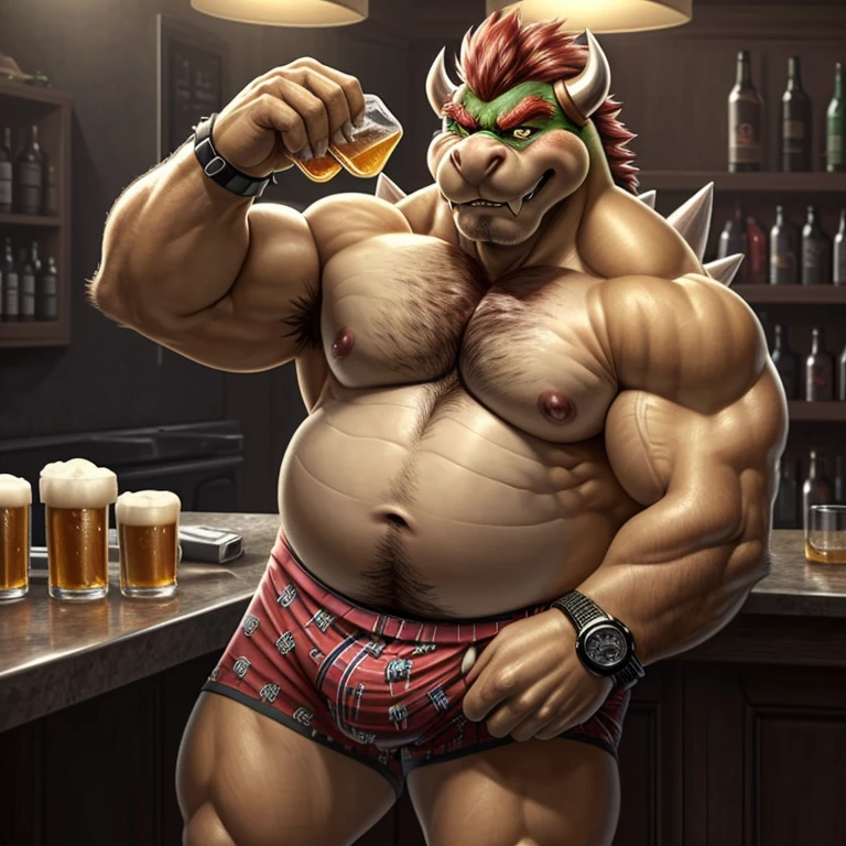 bowser, mammal, abs, alcohol, anthro, beer, beverage, biceps,smirk,obese male, chubby, overweight, blush, body hair, happy trail, (, pattern boxers, tenting:1.3),clock,clothing, drunk, muscular, muscle gut, muscular anthro, muscular male, pecs, solo,watch,extreme detailed face, detailed eyes,(photorealistic, hyper realistic, ultra detailed, ultra detailed background, octane render, soft lighting, ultra detailed),(by rossciaco, by adios,) armpit hair, 