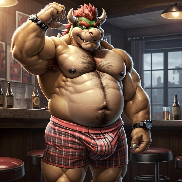 bowser, mammal, abs, alcohol, anthro, beer, beverage, biceps,smirk,obese male, chubby, overweight, blush, body hair, happy trail, (, pattern boxers, tenting:1.3),clock,clothing, drunk, muscular, muscle gut, muscular anthro, muscular male, pecs, solo,watch,extreme detailed face, detailed eyes,(photorealistic, hyper realistic, ultra detailed, ultra detailed background, octane render, soft lighting, ultra detailed),(by rossciaco, by adios,) armpit hair, 