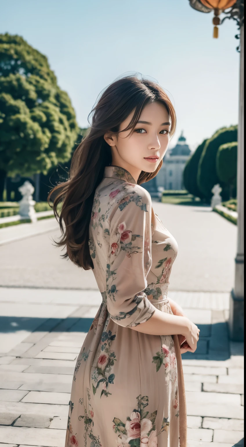 Masterpiece, Best quality, Photorealistic, Ultra-detailed, fine detail, high resolution, 8K wallpaper, 1 beautiful Chinese woman, Wear casual modest summer dress, In Vienna, she is standing in front of Schönbrunn Palace, during the summer day, dark brown messy hair, Perfect dynamic composition, Beautiful detailed eyes