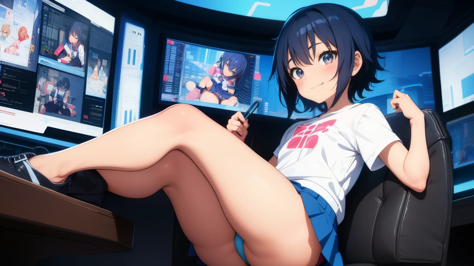 anime girl, peni parker , looking smug , sitting in an armchair in a booth ,largada , seios planos , olographic panel, olographic monitors blue light, cyberpunk, control center, working with , tela olographic , olographic panel, mini-skirt , pantie ,Front.