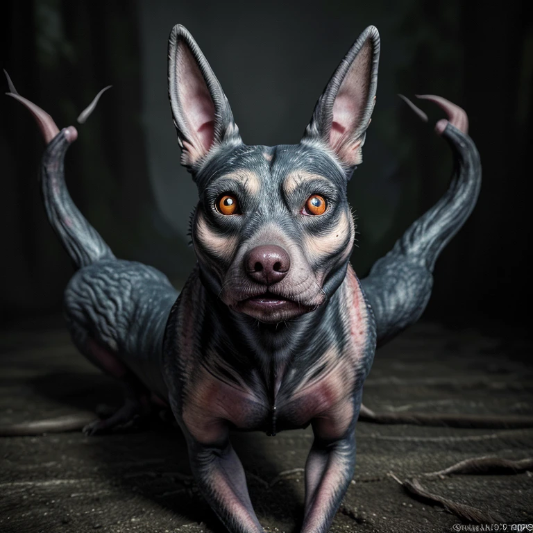 (best quality,realistic:1.2),ultra-detailed,strange dog,unusual appearance,ugly,not resembling a typical dog,weird features,odd-looking,mismatched proportions,surrealistic background,distorted shapes,dark and eerie lighting,vivid colors,imperfect symmetry,unconventional angles,uncanny valley,photorealistic render,detailed fur texture,sharp focus,detailed eyes and teeth,fierce expression,twisted limbs and body,long shadow,creepy atmosphere