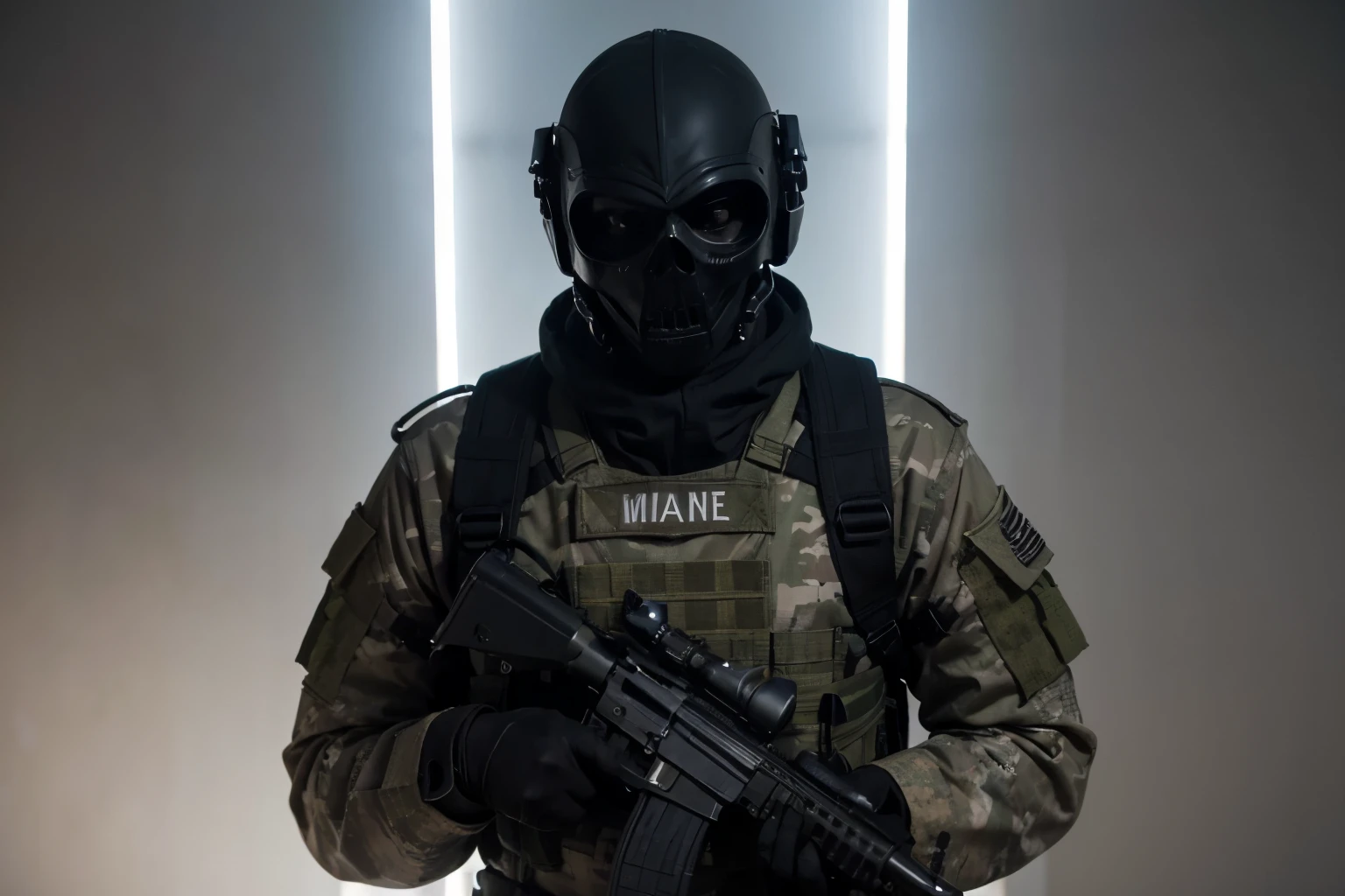 Orion, 30 anos, 1.80m, pele parda e olhos carmesim, corte militar de cabelo, 93 kg com 6% de gordura corporal, patente de Comandante tatuada em seu ombro esquerdo, farda militar preta, coturno, skull tactical mask. 