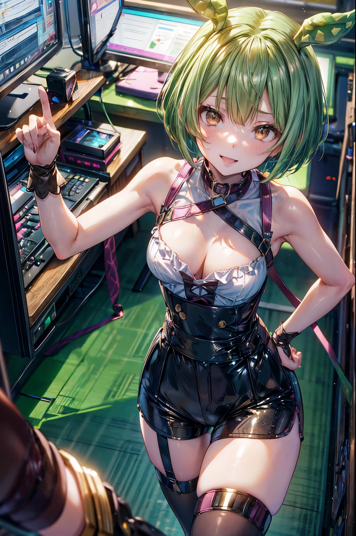 cleavage_cutout, strapless, zundamon, Wearing shiny, ((black booty shorts with suspenders)), break, ((white no sleeve blouse)), ((white knee socks)), 4 defined fingers, 1 defined thumb, (looking at viewer), break, sexy, ((solo)), (1 girl), ((20 years old)), ((highest quality)), ((masterpiece)), (familiar), (skindentation), perfect face, 8k , break, short hair, ((green hair1.5)), bob cut, black eye, beautiful princess, light smile, ((metallic costume)), ((medium breasts)), perfect limbs, (visible nipples:0.9), (camel toe:0.5), sexy, ((Thigh:1.5)), latex, (dutch angle), ((sexy pose)), sit, computer room, (hand on hip), ((upper body)), close up, (from above),