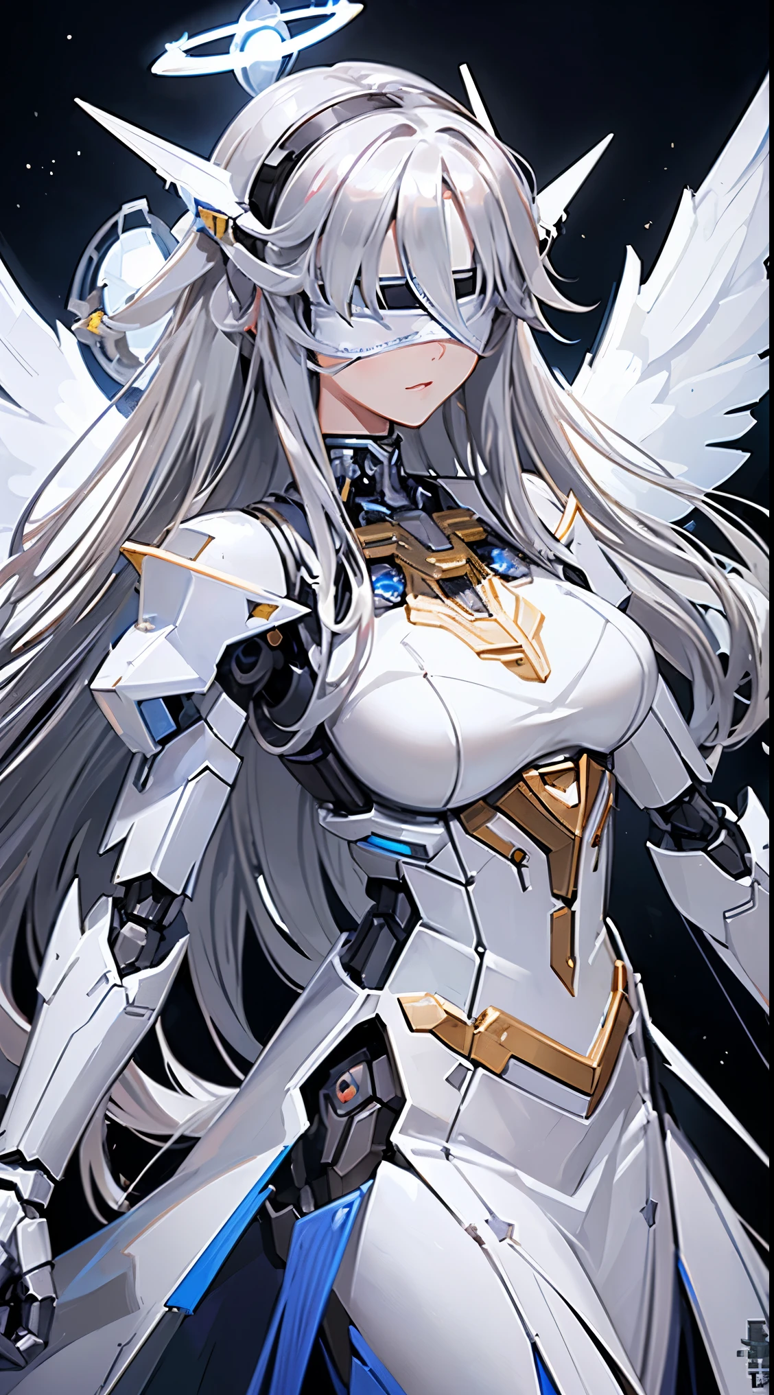 ((8K)), ((32k)), ((highest quality)), ((masterpiece)), ((超A high resolution)), ((T Masterpiece)), ((halo:1.3))、fine skin texture, fine cloth texture, fine metal texture、((beautiful and detailed face))、Raw photo、Professional, Ultra-fine painting, ((solo)), beautiful breasts、highest quality, Super detailed, Super detailed詳細, small details, very beautiful, Princess Knight Robot, (Joint of the machine, mechanical limbs:1.3), (The internal structure of the machine is exposed:1.3), (red long hair 1.1), (Beautiful and huge mechanical breasts)、white veil, cowboy_shot, side focus, headgear, shiny, ((silver mechanical blindfold:1.8))、 (five fingers, 4 fingers and 1 thumb),concept art, anime fantasy artwork, detailed fantasy art, (with pale blue-violet hair and large white wings,,), (((long hair))), (Mecha:1.6)Sleek and menacing design, ((Armament of the Supreme Commander-in-Chief)), (perfect robot body)、Pure white and blue-purple armor, symmetrical wings, 8K high quality detailed art, 3D rendering of character art in 8K, clear legs, defined, defined fingers, NSFW、((head shot:1.3))