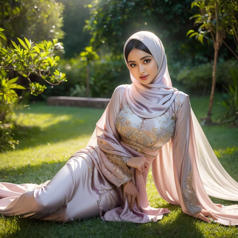 half body, beautiful muslimah girls, wearing traditional silk kebaya, ultra-detailed, detailed faces, detailed skins, 8k masterpieces, cinematic lighting, perfect round bosom, voluptuous bosom, slim and slender body, long hijab, eid mubarak, in malay village, in the meadow, seducing the viewer