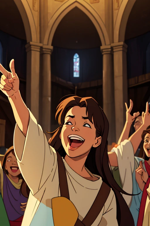 many people in old clothes from the time of Jesus looking up and forward laughing and some pointing their fingers forward as if they were laughing at someone