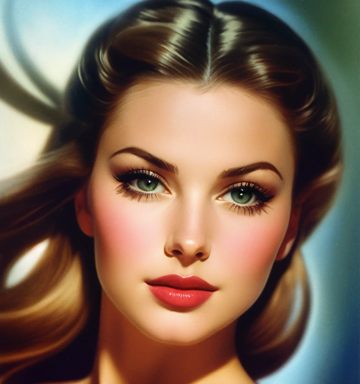 1970s,by Alberto Vargas,(Best quality, work of art), ultra-detailed and delicate portrait of a beautiful and timeless girl,noir woman, sultry eyes, closeup, style of Rolf Armstrong, light and shadow,charge of face,sexy face, beautifull nose, make different hair, make variations female noses,woman of Netherlands