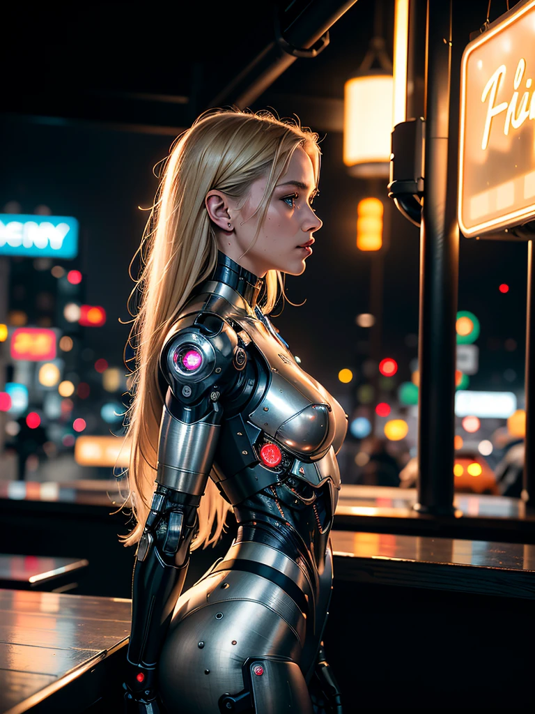 hyperrealism, (photorealistic:1.2), (film grain:1.3), masterpiece, best quality, perfect detail, cinematic lighting, professional photo, realistic photo, raw photo, cyberpunk style, young blonde 19 years old, slim figure, waitress, waitress uniform, black thong, (cyborg:1.3), fantasy cafe, future, neon light, little light, looking at viewer