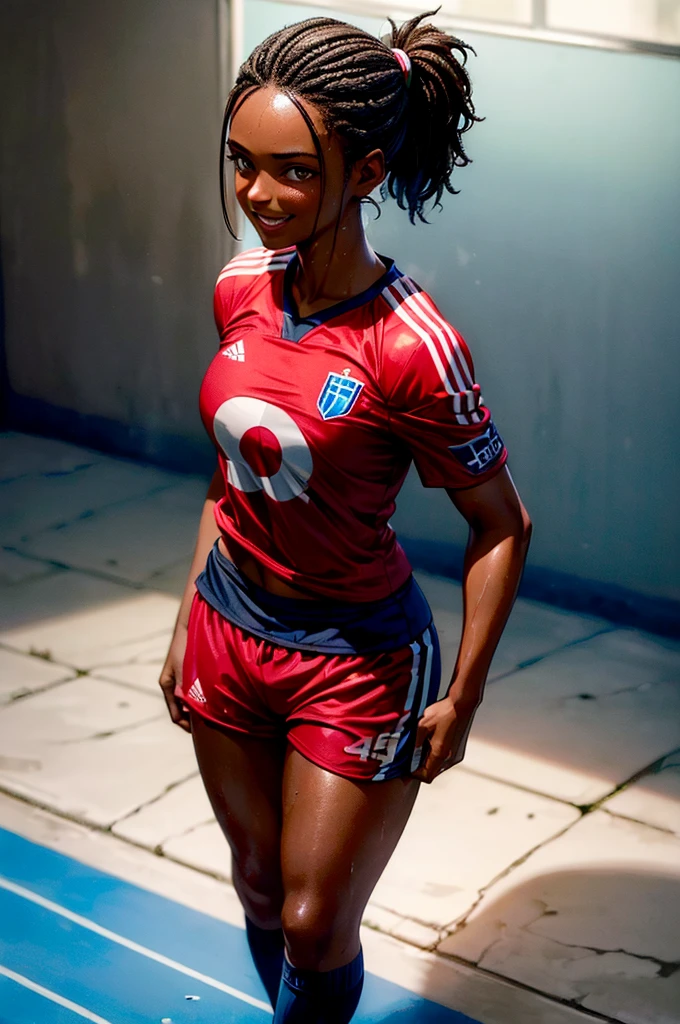 (best quality:1.5), (hyperrealistic:1.5), 32 year old toned haitian woman, messy ponytail short black haired, brown eyed, ebony skin, soaked in sweat, standing inside soccer pitch scenery, night scenery, dark blue soccer shirt, red soccer shorts, dark blue soccer socks, ripped abs, full body view, smiling