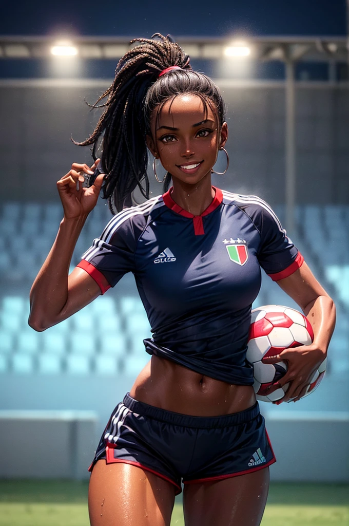 (best quality:1.5), (hyperrealistic:1.5), 32 year old toned haitian woman, messy ponytail short black haired, brown eyed, ebony skin, soaked in sweat, standing inside soccer pitch scenery, night scenery, dark blue soccer shirt, red soccer shorts, dark blue soccer socks, ripped abs, full body view, smiling