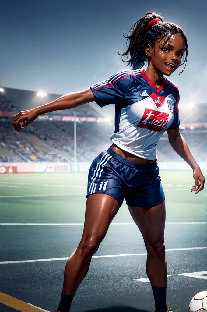 (best quality:1.5), (hyperrealistic:1.5), 32 year old toned haitian woman, messy ponytail short black haired, brown eyed, ebony skin, soaked in sweat, standing inside soccer pitch scenery, night scenery, dark blue soccer shirt, red soccer shorts, dark blue soccer socks, ripped abs, full body view, smiling