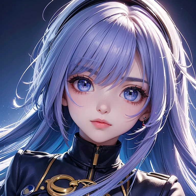 (Menina 2d) (bonita) (ela tem cabelos brancos) (ela tem heterocromia, o olho esquerdo vermelho e o olho direito azul) (corajosa) (foco no rosto) (uniforme militar roxo) (one of her eyes is red and the other is blue)