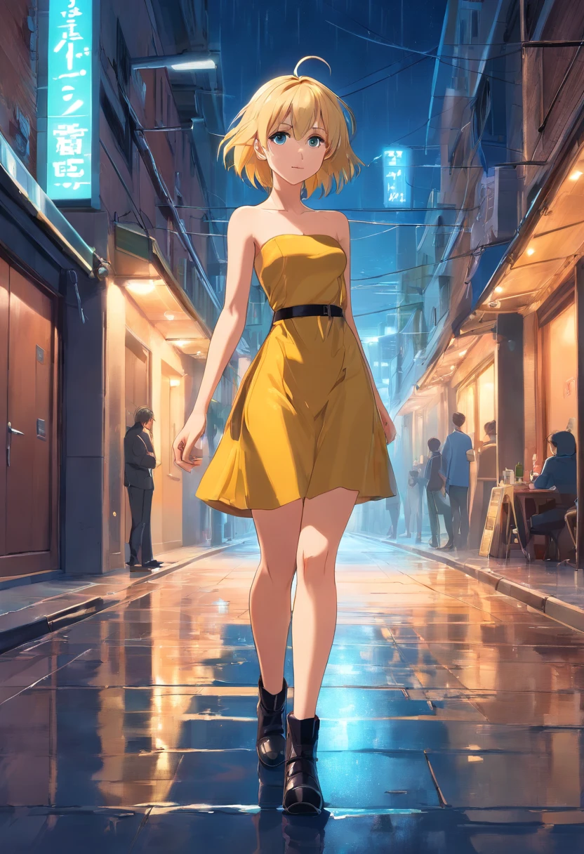 Realistic version of 17 year old blonde woman, ojos azules, el pelo cortado en melena, le cubre una parte de la cara, delgada, dressed in a short strapless latex dress and long stiletto ankle boots, de pie, city alley at night the floor is wet
