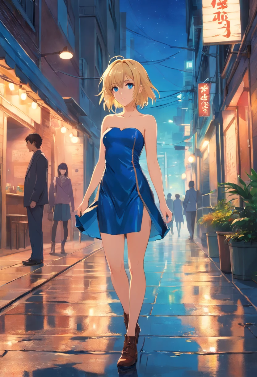 Realistic version of  blonde woman, ojos azules, el pelo cortado en melena, le cubre una parte de la cara, delgada, dressed in a short strapless latex dress and long stiletto ankle boots, de pie, city alley at night the floor is wet 