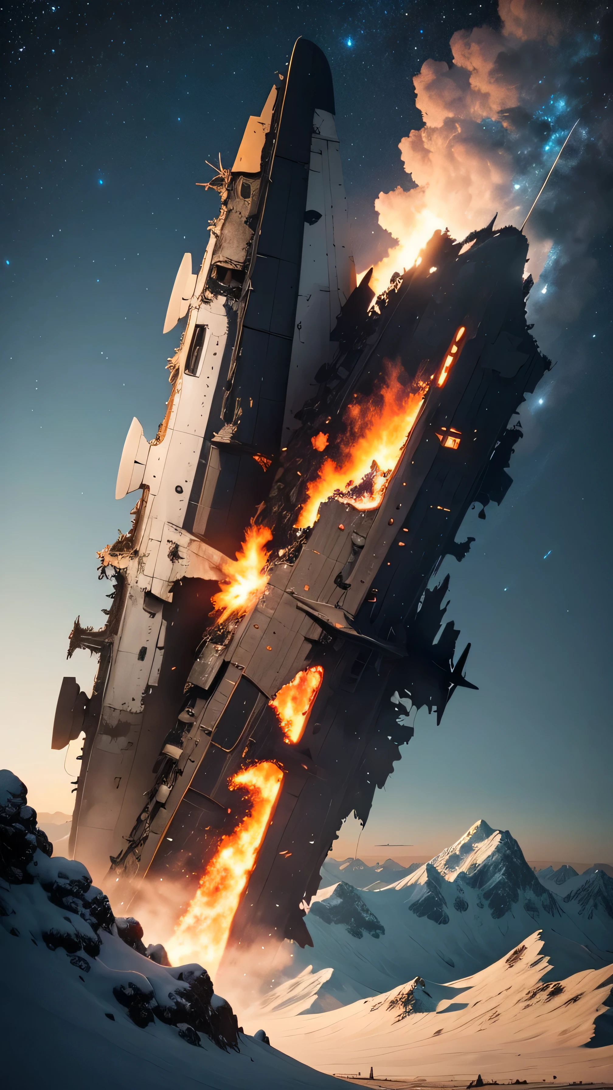 the plane crashed into a mountain, the plane was destroyed, broken plane, burning, night sky