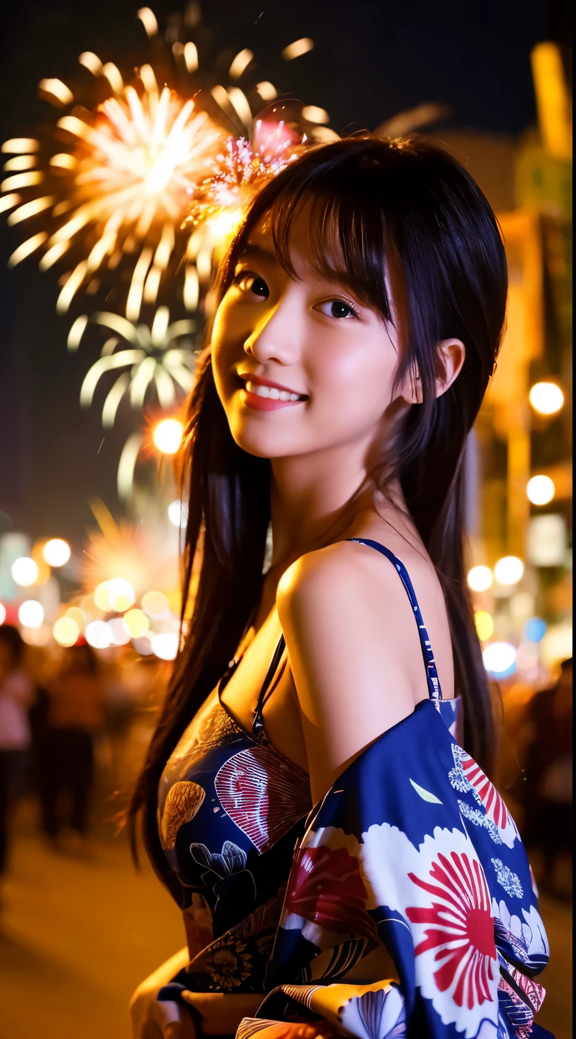 master peice、best quality、Super detailed、yukata、Beautiful night view and fireworks、Upper body