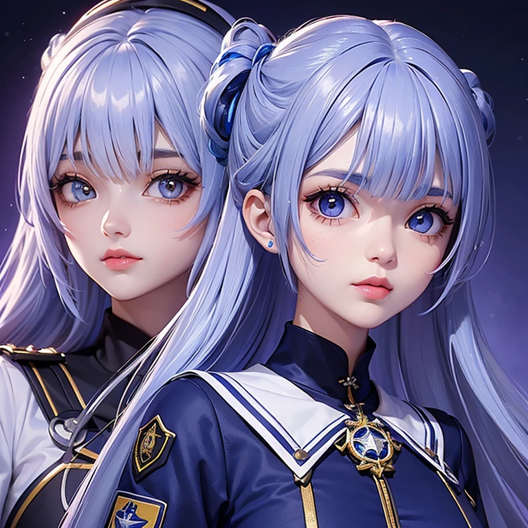(Menina 2d) (bonita) (ela tem cabelos brancos) (ela tem heterocromia, o olho esquerdo vermelho e o olho direito azul) (corajosa) (foco no rosto) (uniforme militar roxo) (one of her eyes is red and the other is blue) 