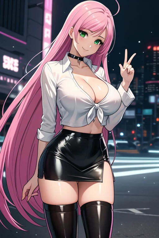 1 girl, 19 years old, Long pink hair, green eyes with slit pupils, master-piece, best quality, (standing up), (white shirt), (long sleeve white front-tie crop top, black leather pencil mini skirt, patent leather high heel boots, cleavage), (Big , ultra gigantic , Super super big, Glamorous body), Make eye contact with the camera, front figure, looking forward, (light_Smile:1.5), (Detailed hands and fingers:1.2) (Cyberpunk City), (FULL BODYSHOT), thighs thighs thighs thighs、beauty legs、