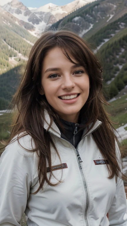 top quality, masterpiece, ultra high resolution, (Photorealistic: 1.4), RAW photo, 1 girl, brown-haired, age 30 years, Mountains, full length girl, landscape, laughs, in Boots, fix your hands, in ski pants