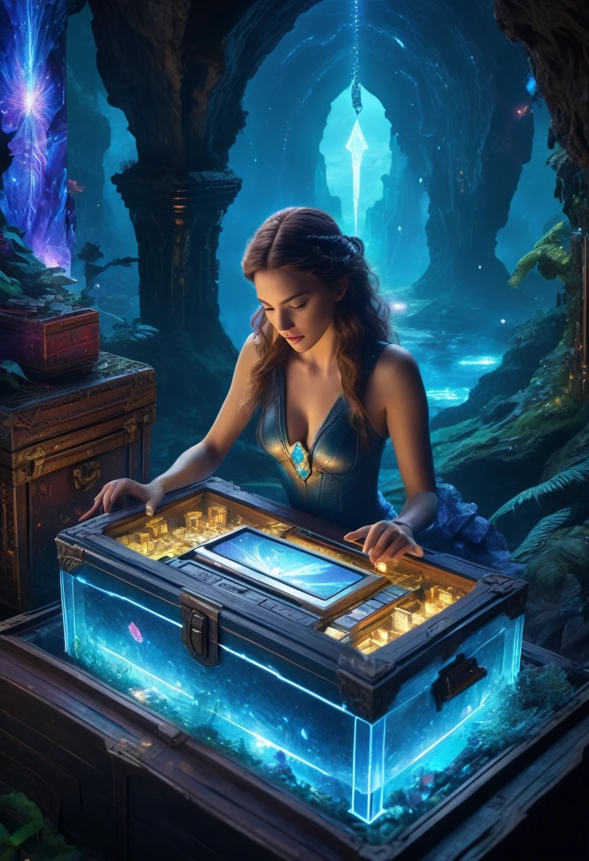 (best quality,4k,8k,highres,masterpiece:1.37), ultra-detailed, (realistic,photorealistic,photo-realistic:1.37), (aerial view), (top down perspective), 1woman, (the focal point is a woman pulling a video game cartridge out of a futuristic artifact chest full of retro video game cartridges:1.6), (the woman is looking at the box:1.4), (Futuristic artifact box), (the artifact box is open), (The scene unfolds inside a mystical cavern:1.4), cyborg, (The woman is wearing an insectoid exoskeleton made with glass details, covering her entire body:1.5), (dynamic angle:1.37), science fiction, (The woman's hair is made of fractal technologic components:1.5), (fantasy and sci-fi mixed:1.5), holographic glitch effects floats around the woman, vibrant colors, (A blue glow emanates from inside the treasure chest), glowing lights, (abandoned machinery), (there are old video game cartridges and consoles on the background), mystical creatures, pixelated details, (there are crystal formations spreading on the background), (futuristic technology), (ancient artifacts), mystical energy, vibrant retro aesthetic, atmospheric lighting, ancient ruins, mysterious symbols, shimmering water, lush vegetation, interdimensional portals, nostalgic atmosphere, immersive storytelling, epic adventure, delightful surprises