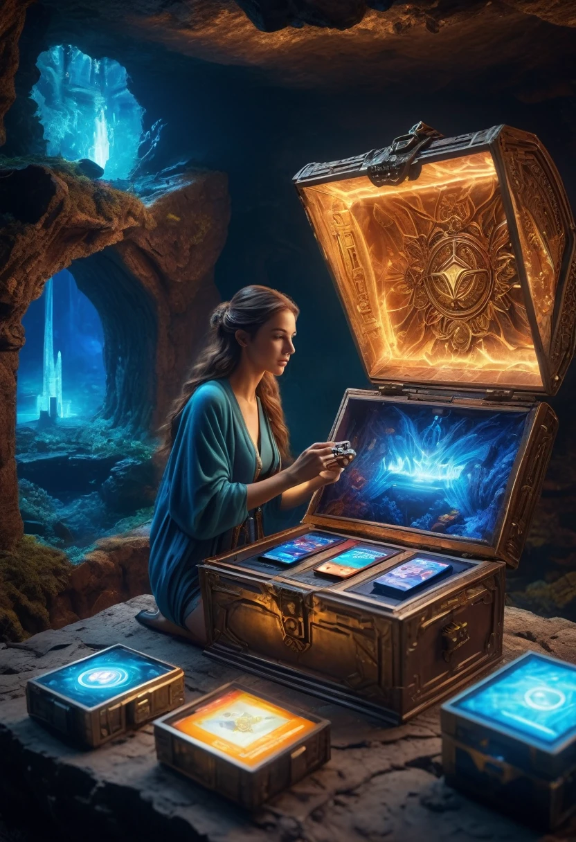 (best quality,4k,8k,highres,masterpiece:1.37), ultra-detailed, (realistic,photorealistic,photo-realistic:1.37), (aerial view), (top down perspective), 1woman, (the focal point is a woman pulling a video game cartridge out of a futuristic artifact chest full of retro video game cartridges:1.6), (the woman is looking at the box:1.4), (Futuristic artifact box), (the artifact box is open), (The scene unfolds inside a mystical cavern:1.4), cyborg, (The woman is wearing an insectoid exoskeleton made with glass details, covering her entire body:1.5), (dynamic angle:1.37), science fiction, (The woman's hair is made of fractal technologic components:1.5), (fantasy and sci-fi mixed:1.5), holographic glitch effects floats around the woman, vibrant colors, (A blue glow emanates from inside the treasure chest), glowing lights, (abandoned machinery), (there are old video game cartridges and consoles on the background), mystical creatures, pixelated details, (there are crystal formations spreading on the background), (futuristic technology), (ancient artifacts), mystical energy, vibrant retro aesthetic, atmospheric lighting, ancient ruins, mysterious symbols, shimmering water, lush vegetation, interdimensional portals, nostalgic atmosphere, immersive storytelling, epic adventure, delightful surprises