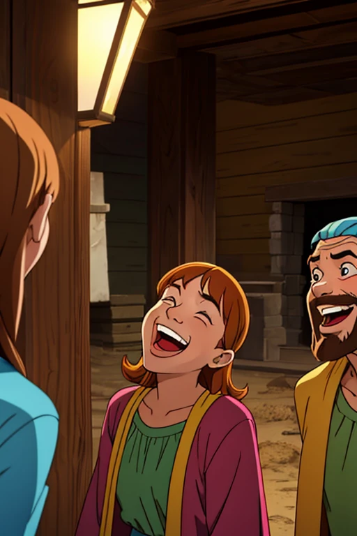 many people in old clothes from the time of Jesus laughing their heads off as if they were laughing and making fun of someone