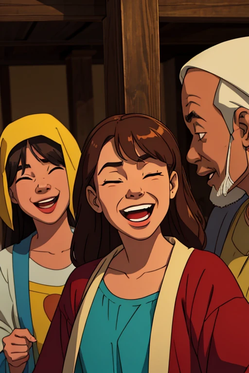 many people in old clothes from the time of Jesus laughing their heads off as if they were laughing and making fun of someone