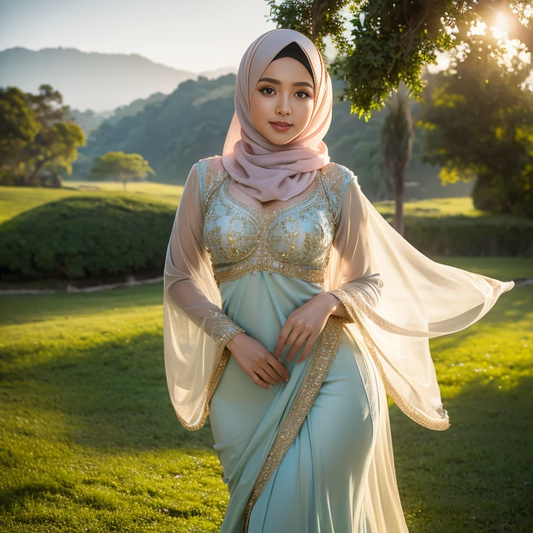 half body, beautiful muslimah girls, wearing traditional transparent silk kebaya, ultra-detailed, detailed faces, detailed skins, 8k masterpieces, cinematic lighting, perfect round bosom, voluptuous bosom, slim and slender body, long hijab, eid mubarak, in malay village, in the meadow, seducing the viewer