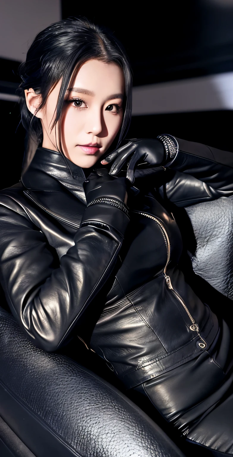 black leather rider jacket, office in the dark, Fingertips of black leather gloves on both hands,wearing black leather gloves,sitting in a black leather chair、 Japanese female new employee (black leather gloves cover both hands) (The angle is horizontal)、black leather leather pants,black leather black leather pants,black leather skinny pants、Long black leather boots on both feet、black hair ponytail ((He wears black leather gloves on his hands))full body photo,full body shot full body full body leather suit,☺If you turn in this direction。wearing black leather gloves,wearing black leather gloves,wearing black leather gloves,wearing black leather gloves,wearing black leather gloves,wearing black leather gloves,黒のレザーパンツが美しい😍黒のレザーパンツが美しい😍黒のレザーパンツが美しい,😍I'm smiling while looking at you,city lights、((neon cyberpunk city street:1.3))、(neon light)、detailed lighting、
best image quality、ultra high resolution、(realism:1.4)、korean beauty star、The most beautiful KPOP stars、face、horny korean makeup、A body that makes you want to touch it、realistic leather texture、Costume made of smooth leather fabric、The drape of the curved parts of the leather fabric、The costume has a strong shine、costume quality、8K photo quality