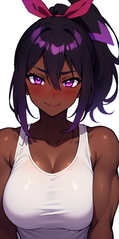 (Best quality:1.3), tan skin, dark skin, black high ponytail, purple eyes, large breasts, white tank top, glowing eyes, close shot, (blushing: 1.2), smiling, red hair ribbon, (slightly muscular: 1.2),  