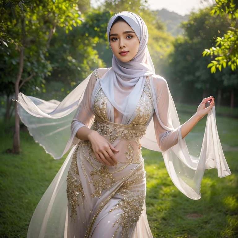 half body, beautiful muslimah girls, wearing traditional transparent silk kebaya, ultra-detailed, detailed faces, detailed skins, 8k masterpieces, cinematic lighting, perfect round bosom, voluptuous bosom, slim and slender body, long hijab, eid mubarak, in malay village, in the meadow, seducing the viewer, seductive face, flirting, revealing