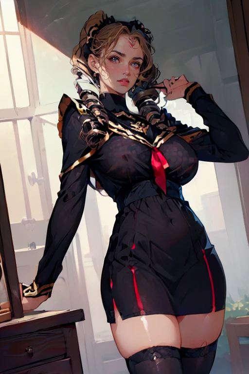 (masterpiece, best quality, highres:1.2), (photorealistic:1.2), (intricate and beautiful:1.2), [:(Face detail: 1.4): 0.4], (detailed light:1.2), (soft lighting, side lighting, reflected light), (colorful, dynamic angle), wallpaper illustration, cowboy shot, extremely gorgeous dragon woman, using a high uniform , Short frilled skirt,black pantyhose, wearing tutututu, black , black serafuku, sailor collar,black miniskirt, long sleeves, chest holster, blond drill hair, blue eyebrows, blue eyelash, huge breast, red lips, long legs, black tights, tall body, seductive body, royal aura, light passing through hair, (official art), (perfect skin), (sharp),