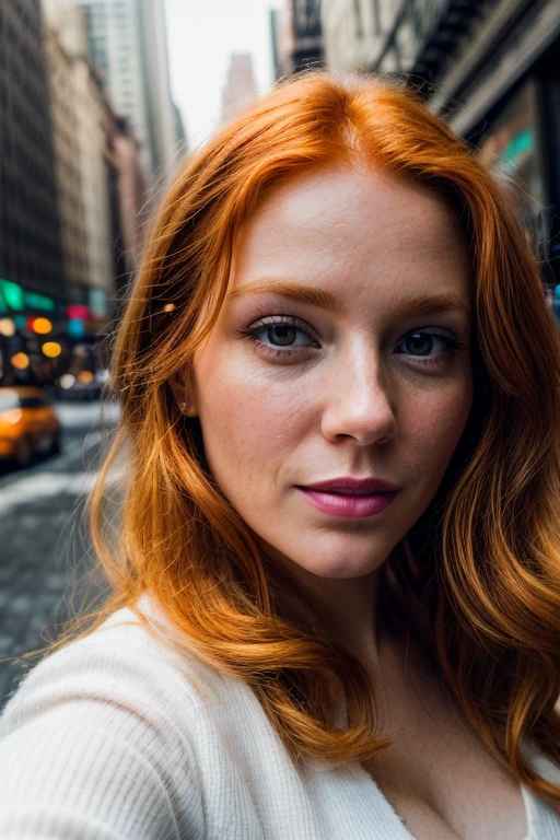 (selfie, plan: 1.4) Photo brute, portrait photo, A close-up portrait of a stunning ginger woman in New York, yeux verts, joli, Facing the camera, 8k euh, DSLR, soft lighting, high quality, grain de film, Fujifilm XT3
