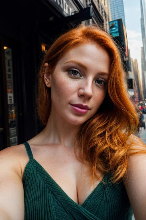 (selfie, plan: 1.4) Photo brute, portrait photo, A close-up portrait of a stunning ginger woman in New York, yeux verts, joli, Facing the camera, 8k euh, DSLR, soft lighting, high quality, grain de film, Fujifilm XT3