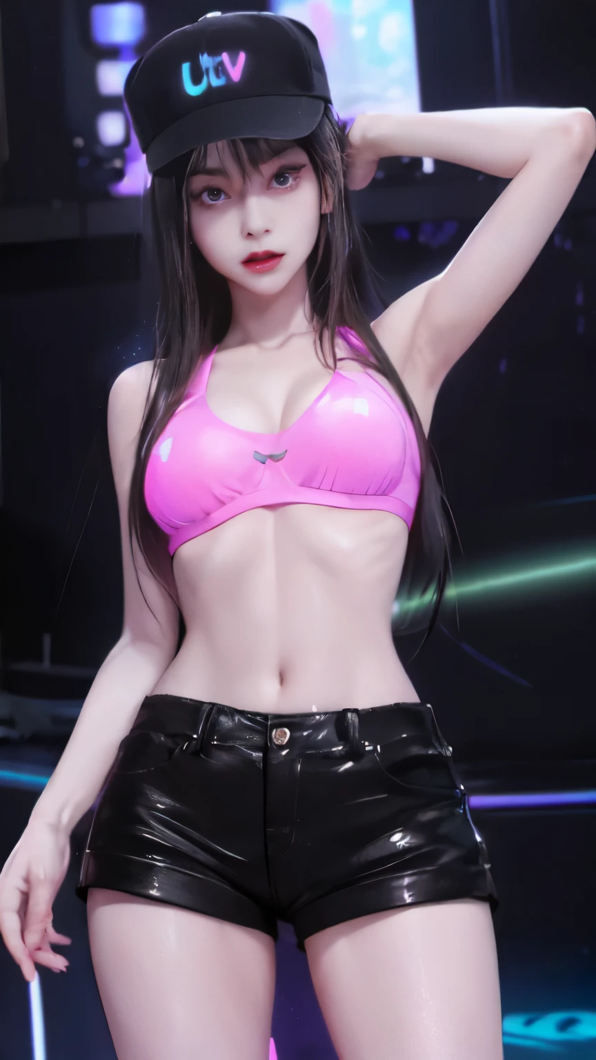 beautiful woman medium hair, Wear a hat, Cyberpunk Shorts、neon light、(UV BLACK light :1.5), Dark live house、nightclub