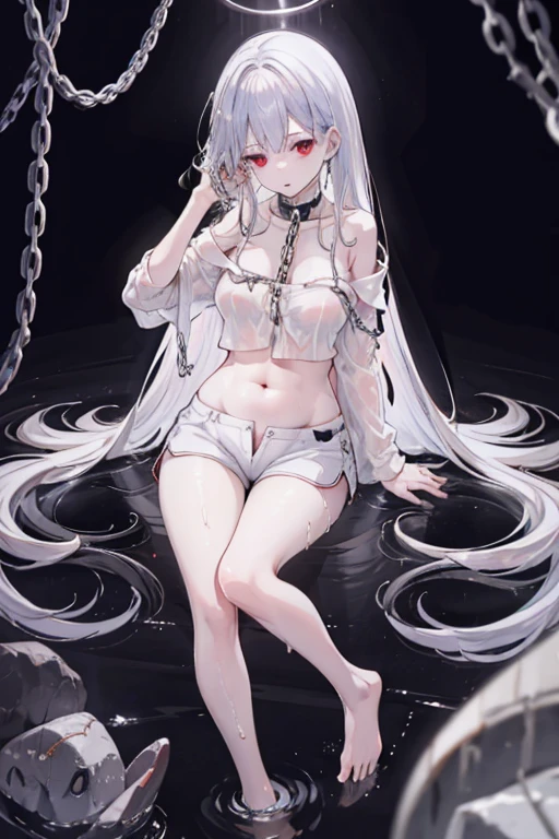 white long straight hair, pretty, shorts, barefoot, red eye, chain collar, handcuffed, white skin, wet, shy, best quality, chain, off shoulder black shirit, belly, young